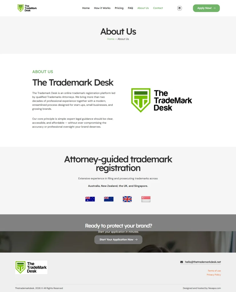 The Trademark Desk — about us, client project by Cristian Leyton