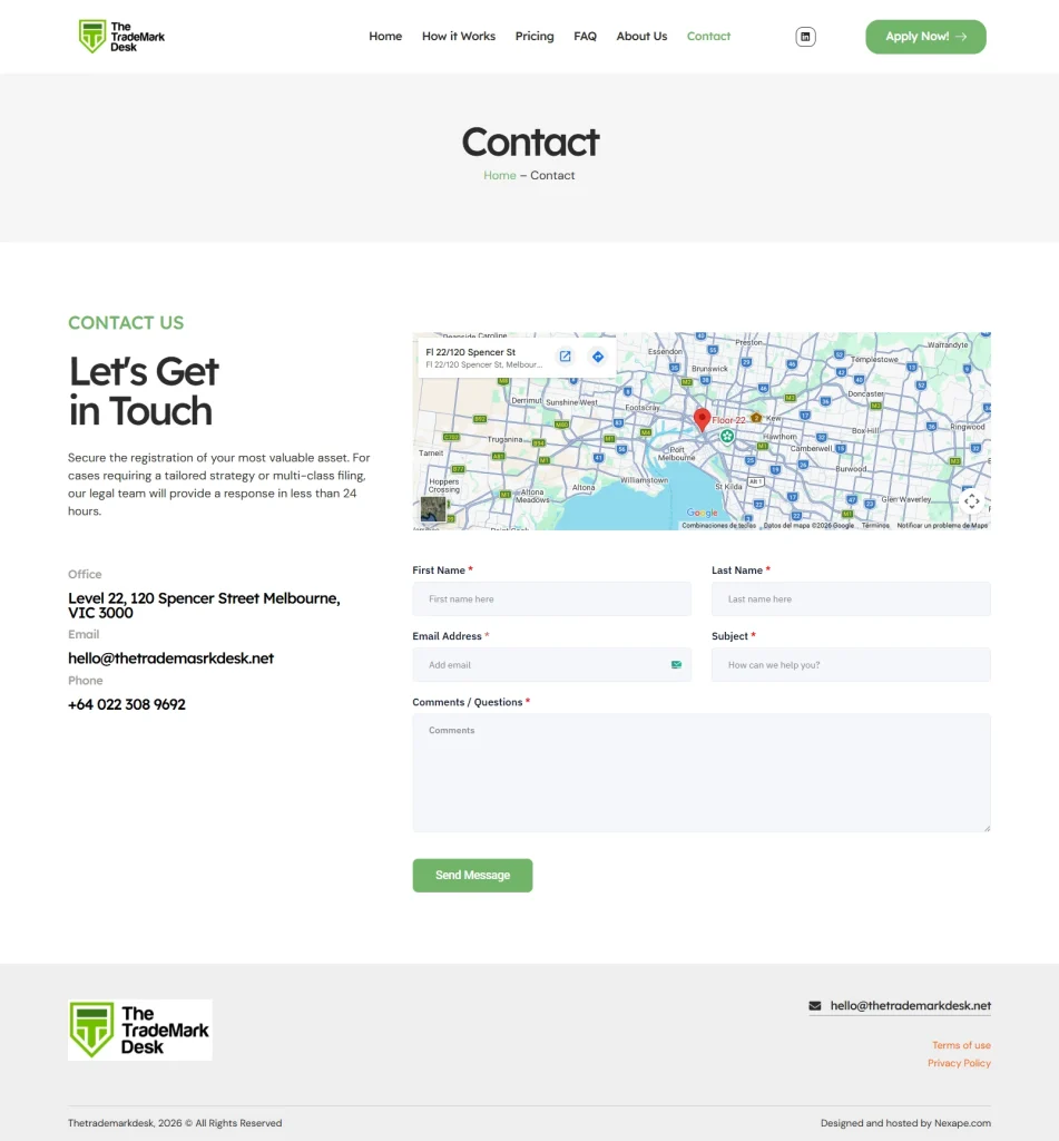 The Trademark Desk — contact, client project by Cristian Leyton