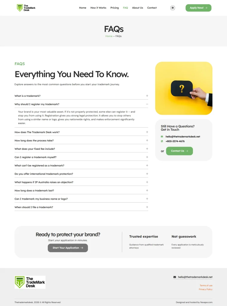 The Trademark Desk — faq, client project by Cristian Leyton