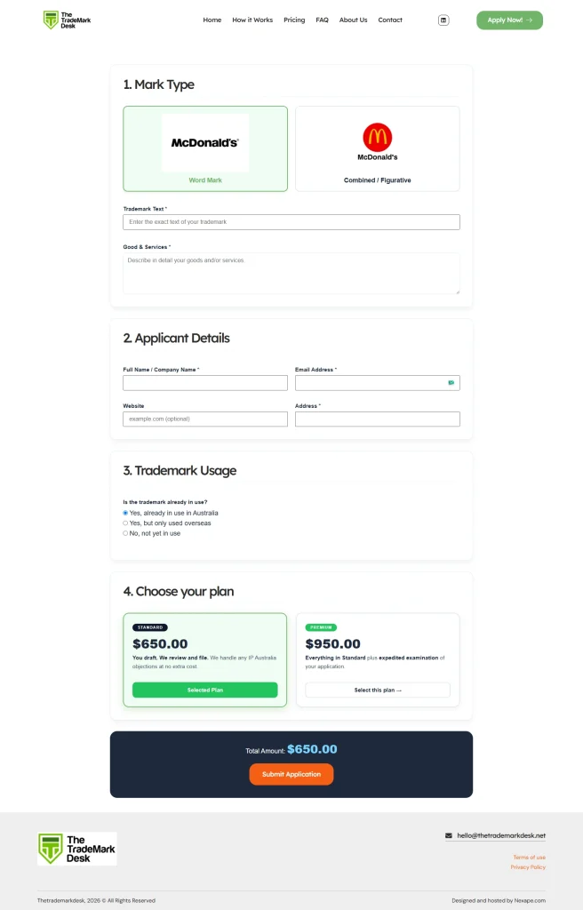 The Trademark Desk — form, client project by Cristian Leyton